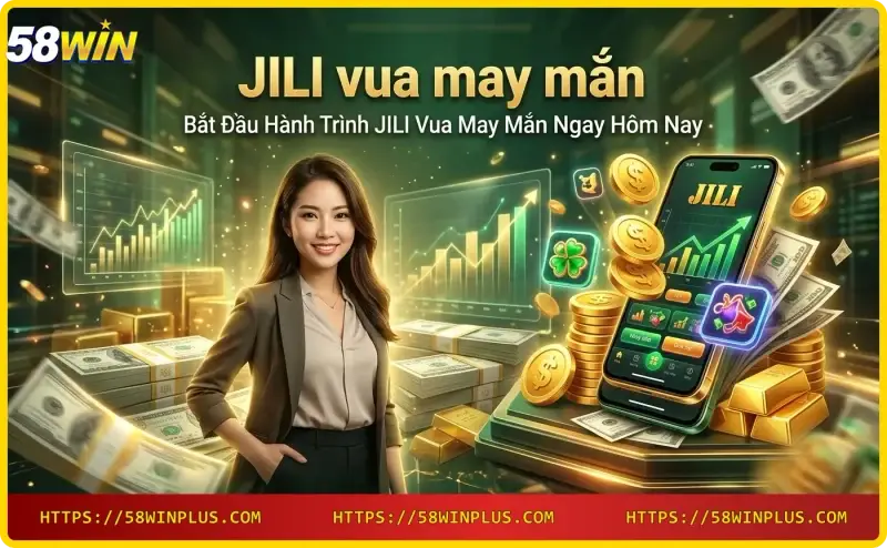 Bắt đầu chơi JILI vua may mắn - nút play vàng phát sáng, tiền xu bay, vương miện nhỏ